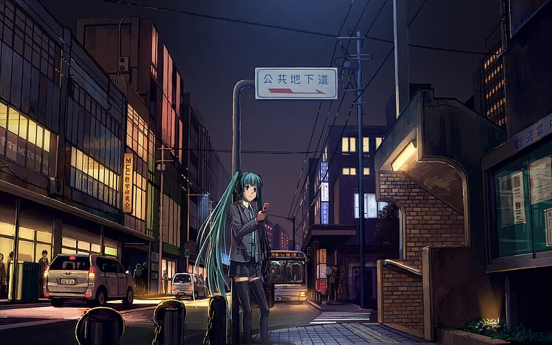 Downtown, girl, anime, night, HD wallpaper