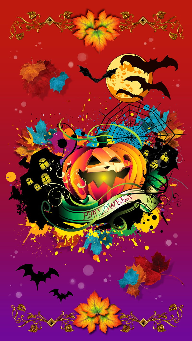 Pumpkin Splatter, halloween, fall, october, bats, leaves, spooky, paint, HD phone wallpaper