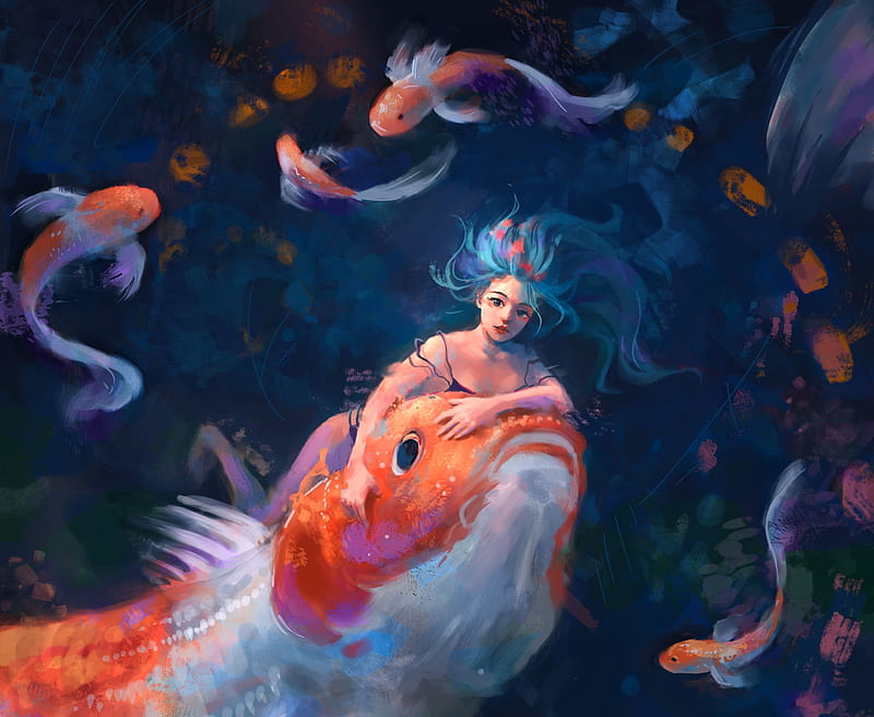 fish rider, girl, orange, fish, peste, koi, underwater, art, pegaite, luminos, fantasy, blue, HD wallpaper