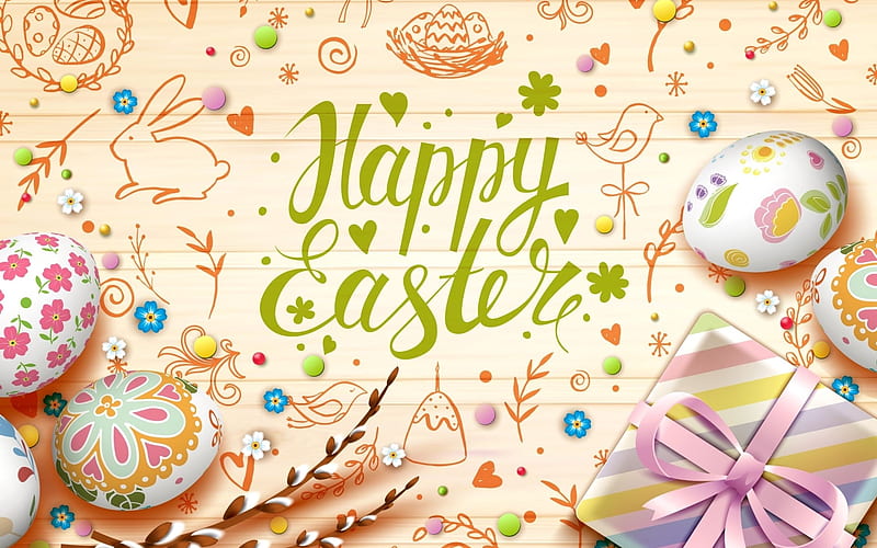 Happy Easter, gift box, Easter eggs, willow, easter decoration, Easter, HD wallpaper