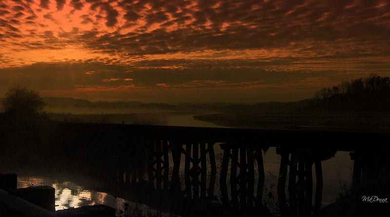 Fern Ridge Sunrise, train trestle, oregon, river, evening, sunset, clouds, sky, mist, HD wallpaper
