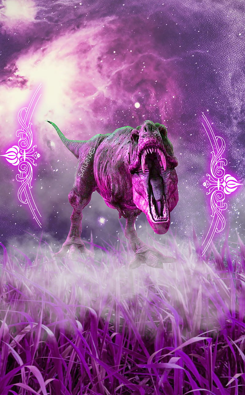 trex rage purple, dino, dinosaur, space, style, surreal, trippy, violet, HD phone wallpaper