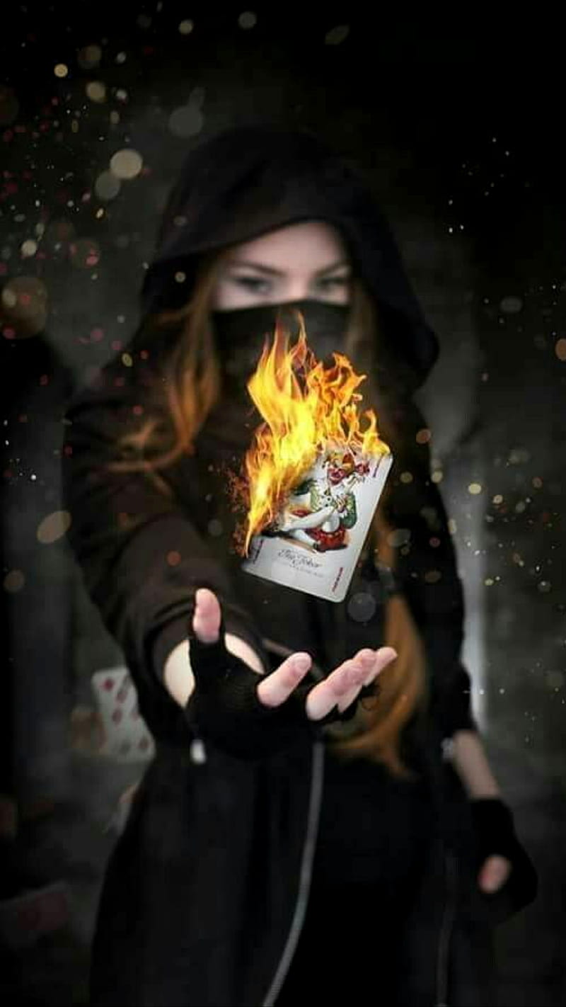 Burning the jocker, card, cards, fire, girl, playcard, poker card, HD phone wallpaper