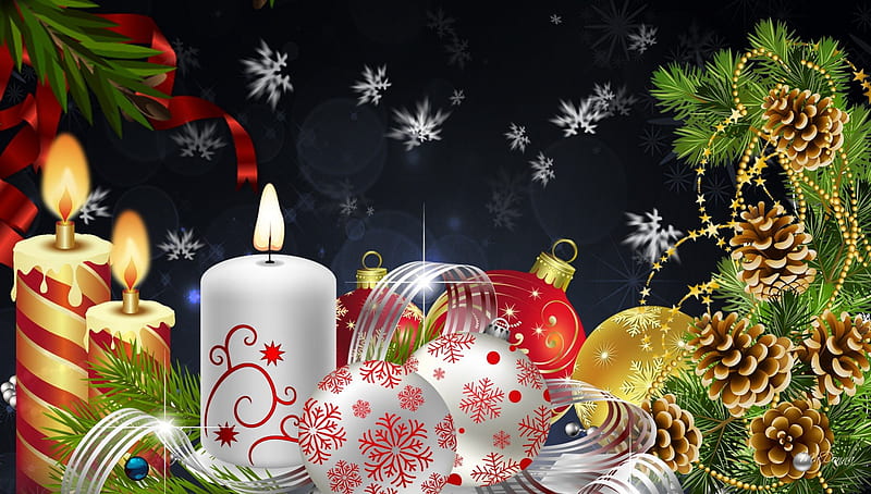 Surprise Snowy Christmas, feliz navidad, christmas, ribbon, bow, candles, pine cones, balls, decorations, fir, spruce, HD wallpaper