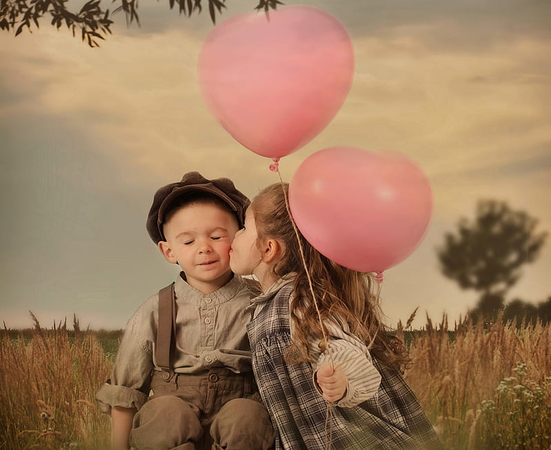 :-), girl, couple, cute, balloon, boy, little, pink, HD wallpaper