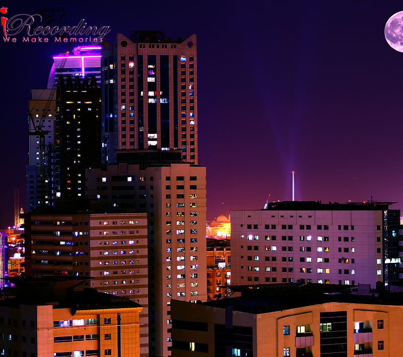 Dubai Flats, buildings, moon, night, nightlife, scene, HD wallpaper