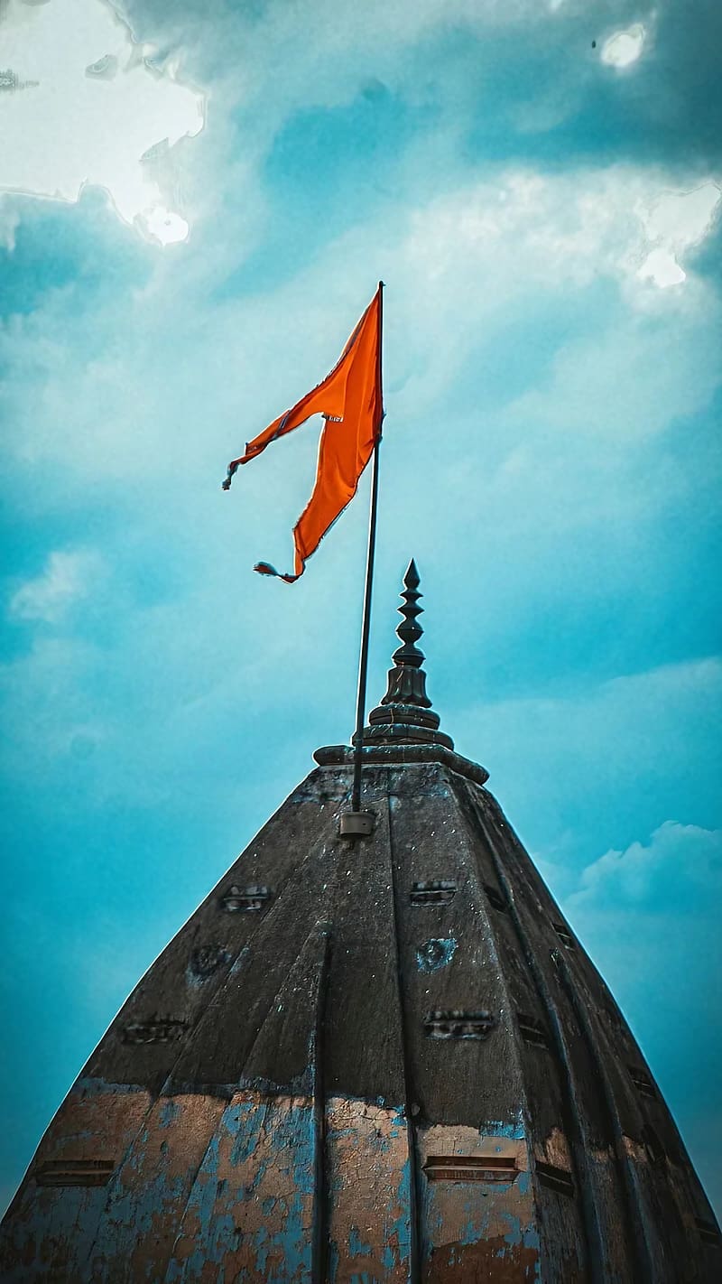 Bhagwa Flag, Temple, blue sky background, orange flag, HD phone wallpaper