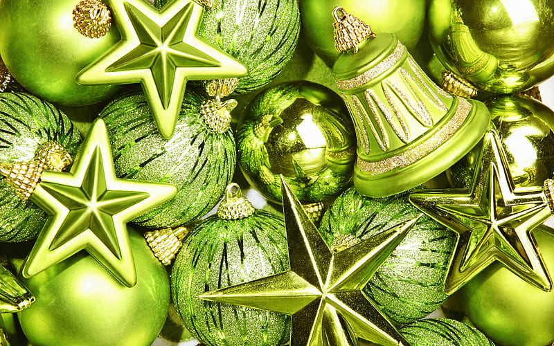 green xmas decorations, Happy New year, green balls, green bells, Merry Christmas, Xmas, Christmas decorations, HD wallpaper