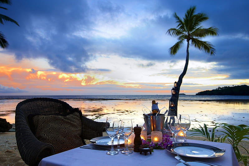 Tropical Dinner in Fiji, polynesia, dinner, dusk, sunset, eat, sea, beach, lagoon, sand, evening, exotic, islands, romantic, view, food, ocean, pacific, table for two, candles, paradise, restaurant, dine, island, tropical, fiji, HD wallpaper