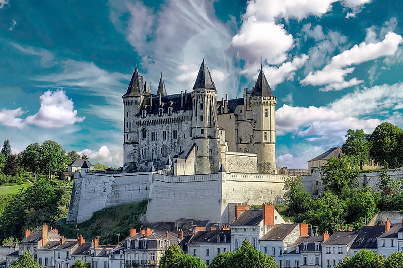 Saumur Castle, France, clouds, france, medieval, castle, HD wallpaper