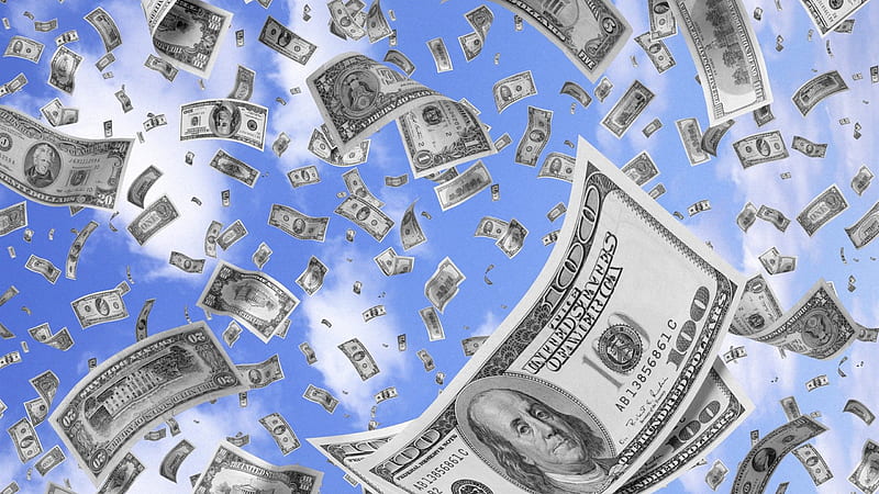 Flying Dollars With Background Of Blue Sky And Clouds Money, HD wallpaper