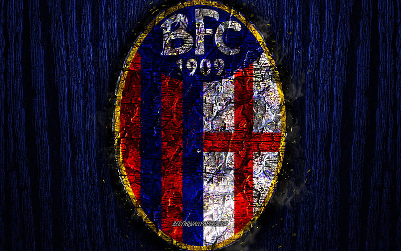 Bologna FC, scorched logo, Serie A, blue wooden background, italian football club, Bologna FC 1909, grunge, football, soccer, Bologna logo, fire texture, Italy, HD wallpaper