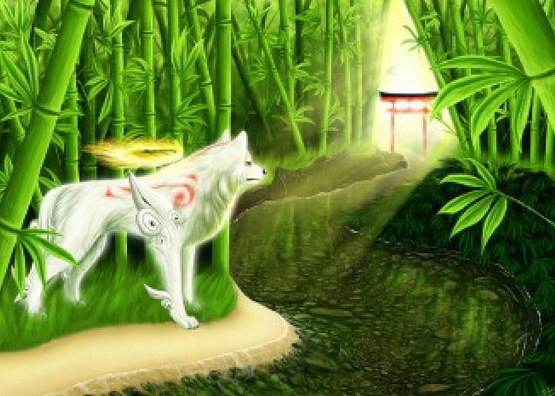 Bamboo Sanctum, pretty, glow, bonito, bamboo, animal, sweet, nice, fantasy, japan, green, anime, shrine, beauty, river, scenery, okami, light, forest, lovely, japanese, water, amaterasu, scene, creature, HD wallpaper