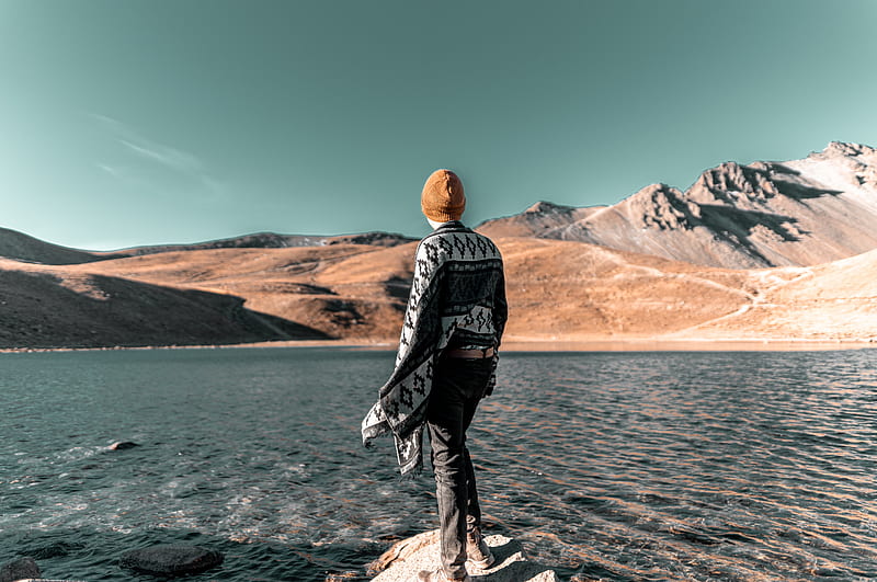 man, lake, shore, mountains, water, HD wallpaper