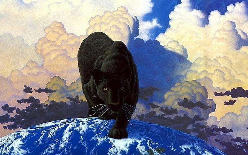 Stalking the World, world, feline, black, cat, clouds, panther, sky, HD wallpaper