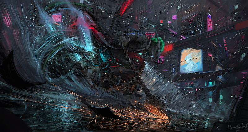 futuristic biker, creature, cyberpunk city, architecture, neon lights, raining, artwork, Sci-fi, HD wallpaper
