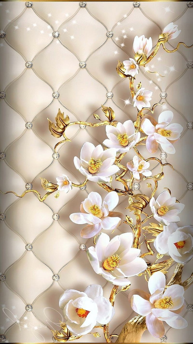 Avikalp MWZ0745 White Gold Flowers Leaves 3D HD Wallpaper  Avikalp  International  3D Wallpapers