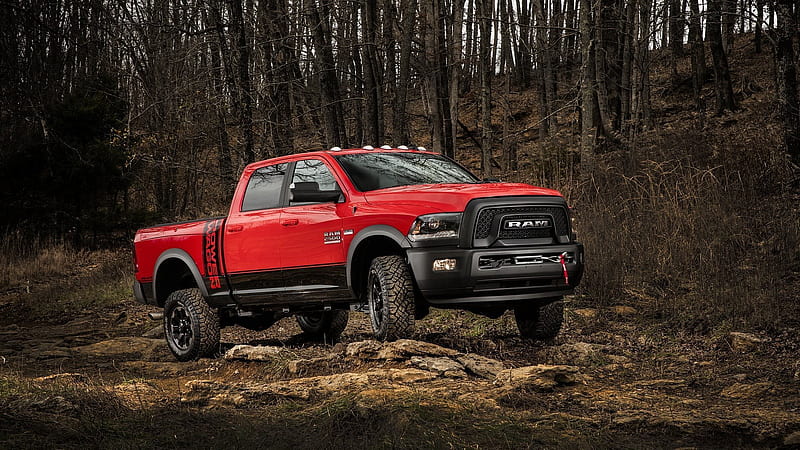 2017, red, wagon, off-road, pickup, ram, power, forest, HD wallpaper