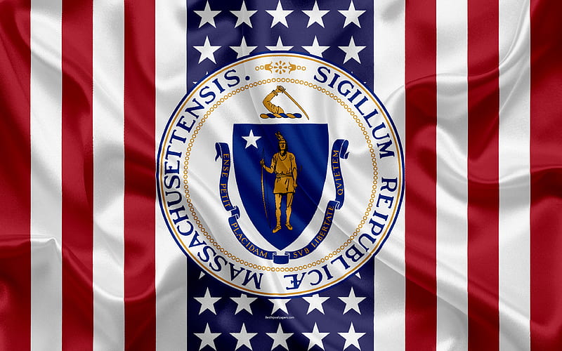 Massachusetts, USA American state, Seal of Massachusetts, silk texture, US states, emblem, states seal, American flag, HD wallpaper