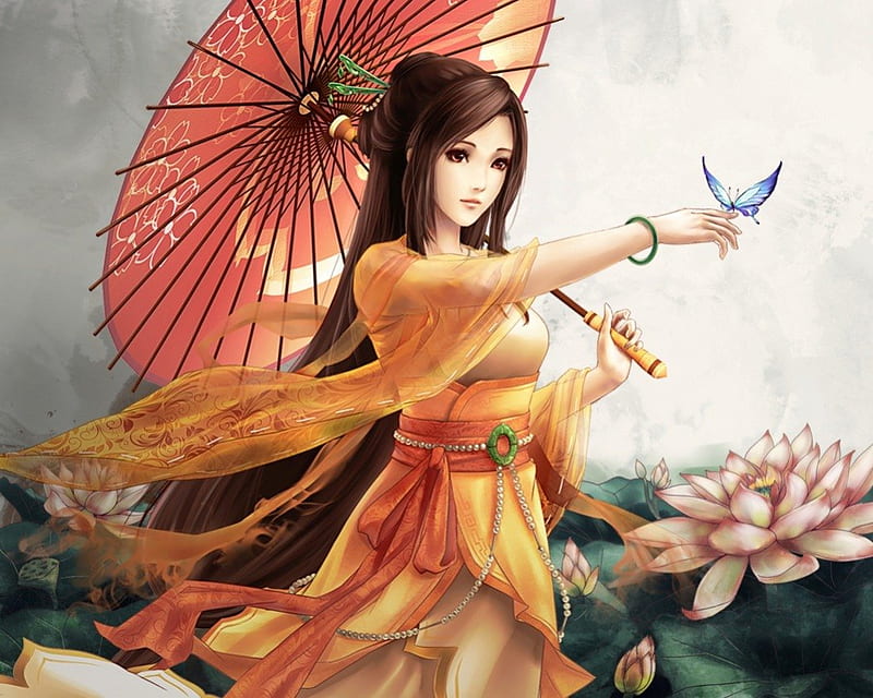 Oriental Beauty, pretty, lotus, dress, divine, umbrella, bonito, sublime, elegant, floral, sweet, blossom, nice, fantasy, butterfly, anime, hot, beauty, anime girl, long hair, gorgeous, female, lovely, brown hair, sexy, brown eyes, cute, girl, oriental, flower, chinese, lady, maiden, HD wallpaper