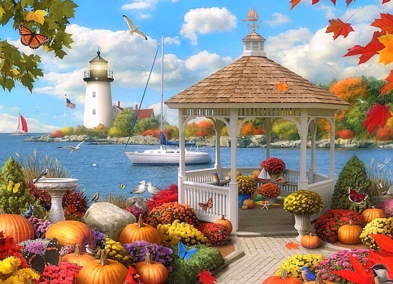 Autumn Seaside, fall season, autumn, colors, love four seasons, attractions in dreams, sea, leaves, lighthouses, flowers, seaside, nature, gazebo, butterfly designs, pumpkins, HD wallpaper