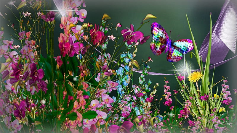 Sweet Peas in Garden, stars, colorful, spring, sweet peas, butterfly, bright, summer, flowers, garden, light, HD wallpaper