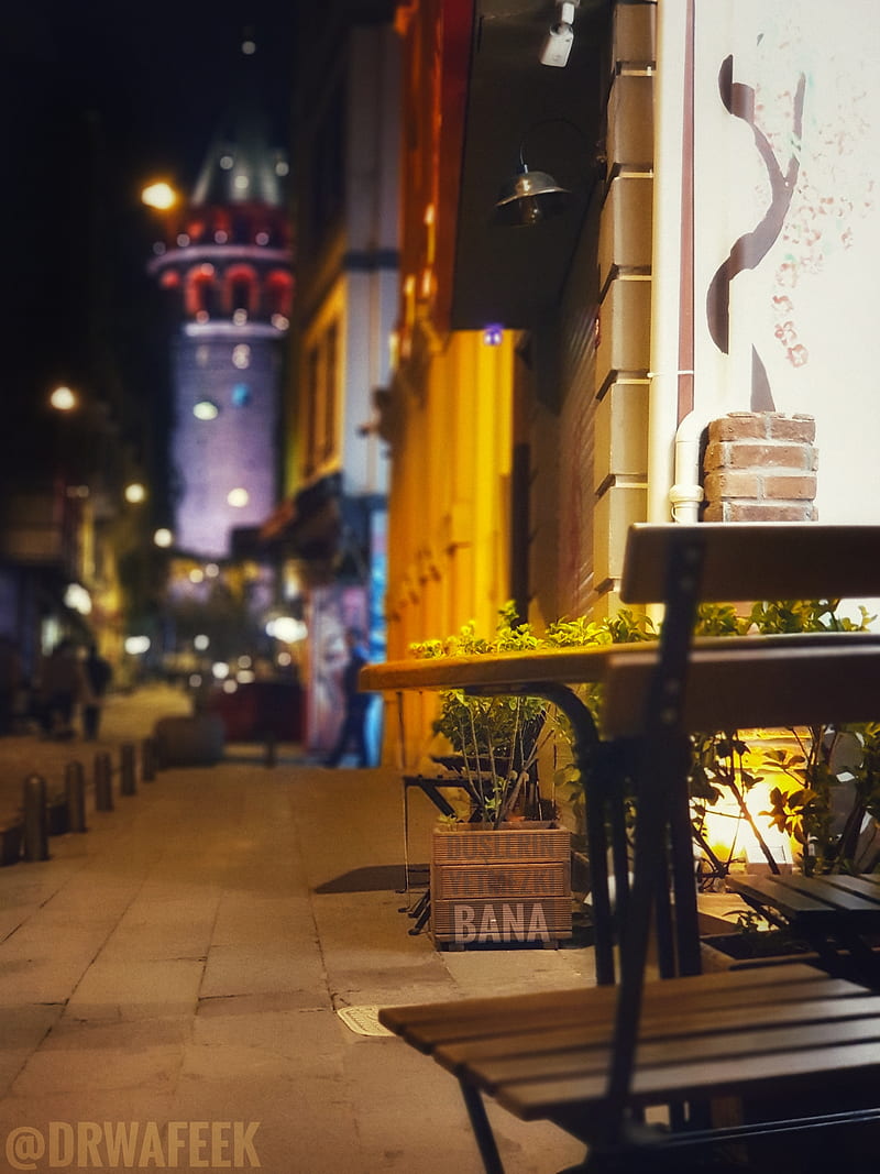 Isranbul mood, cafe, chair, city, galata, istanbul, lights, places, tower, turkey, HD phone wallpaper