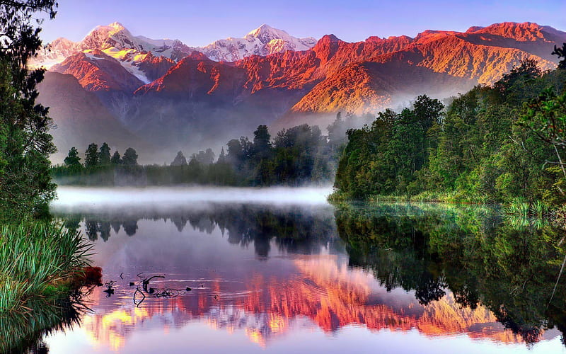 South Island, New Zealand landscape, Reflection, Landscape, Forest, South Island, River, Fog, Island, Mist, HD wallpaper