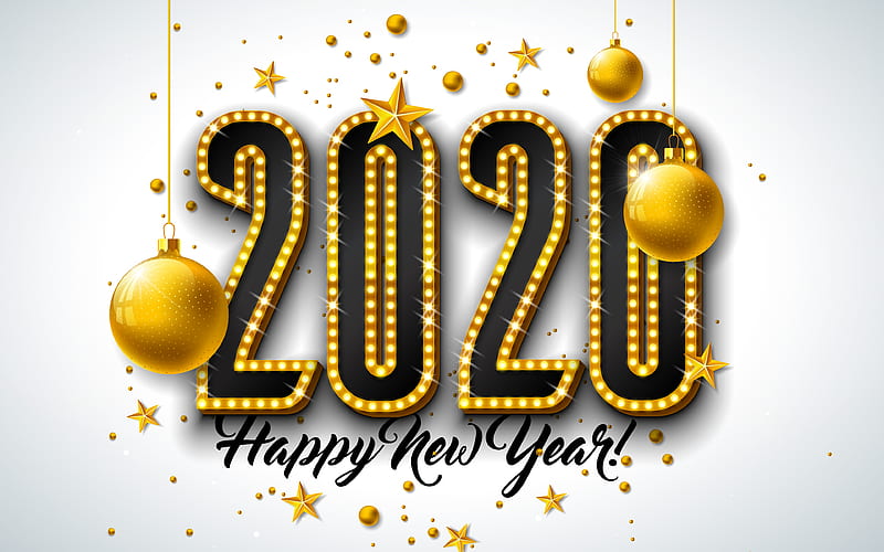 2020 3D digits golden balls, Happy New Year 2020, xmas decorations, 2020 3D art, 2020 concepts, 2020 on gray background, 2020 year digits, HD wallpaper