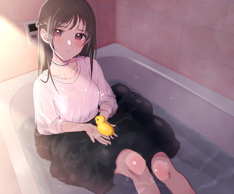 beautiful anime girl, water, choker, shirt, brown hair, rubber duck, Anime, HD wallpaper