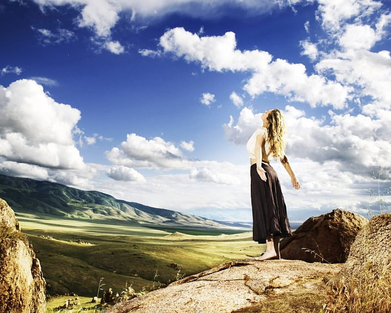 Relax and Refresh, grassy, care, sunshine, rolling green hills, lady, HD wallpaper