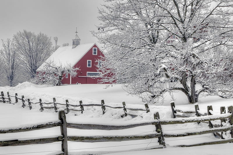 New Hampshire in Winter, fence, house, snow, trees, landscape, HD wallpaper