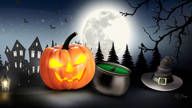 Halloween Pumpkin Town, bats, haunted house, trees, witch hat, jack-o-lantern, witches brew, October, pumpkin, full moon, Halloween, HD wallpaper