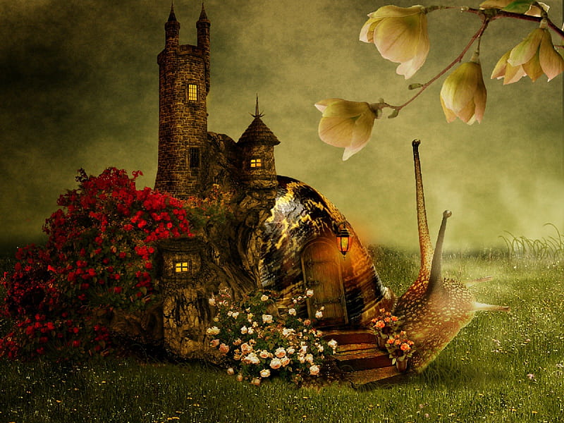 Home-Sweet-Home, red roses, fantasy arts, snail, grass, sweet home, love four seasons, attractions in dreams, creative pre-made, digital art, fantasy, manipulation, magnolia branch, weird things people wear, backgrounds, potted roses, castle, HD wallpaper