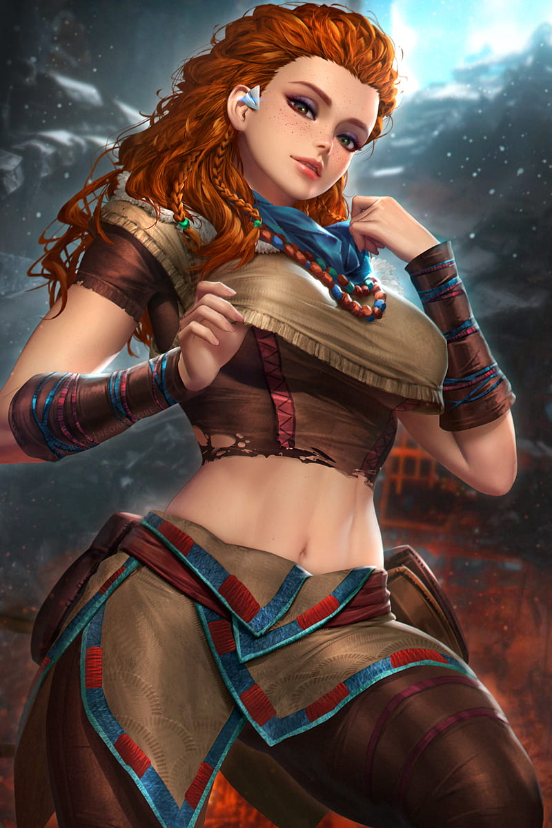 Aloy (Horizon: Zero Dawn), Horizon: Zero Dawn, video games, video game characters, video game girls, redhead, looking at viewer, green eyes, freckles, parted lips, braided hair, crop top, pants, belly, arm warmers, depth of field, portrait display, vertical, artwork, drawing, digital art, illustration, fan art, NeoArtCorE (artist), thick thigh, HD phone wallpaper