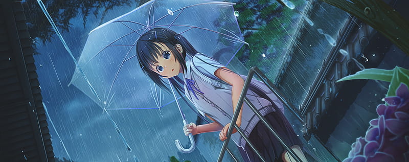 anime girl, raining, transparent umbrella, loli, blue eyes, short hair, school uniform, Anime, HD wallpaper