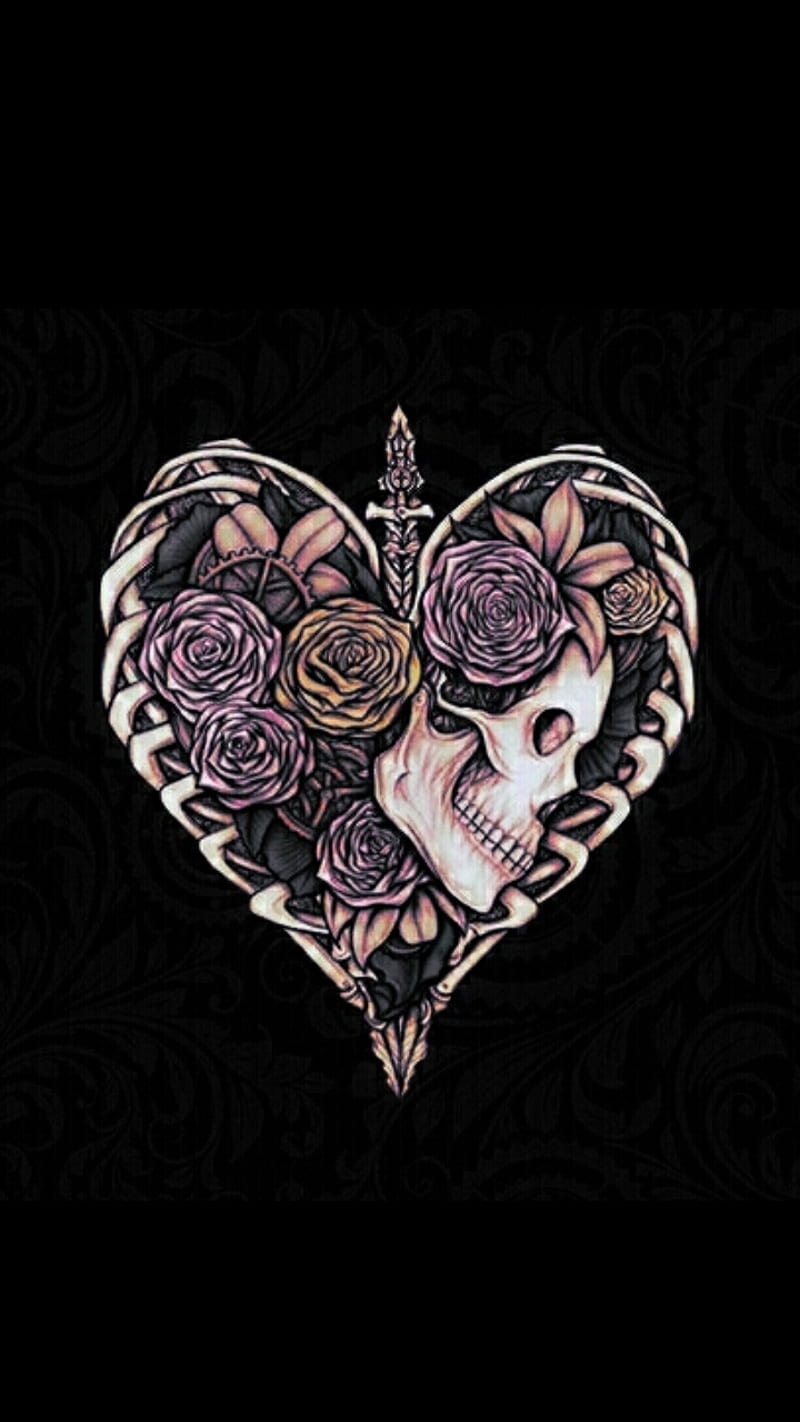 Love Always, antique, flower, flowers, heart, corazones, skeleton, skeletons, skull, skulls, vintage, HD phone wallpaper
