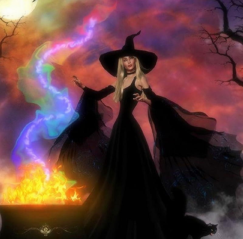 Witches Cauldron, moons, witch, halloween, love four seasons, digital art, hat, fantasy, cauldron, 3d illustration, black cat, HD wallpaper