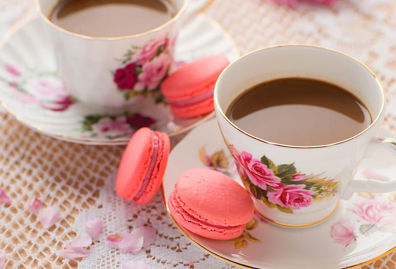Enjoy your sweet moment!, rose, food, macarons, sweet, dessert, cookies, cup, cocoa, pink, HD wallpaper