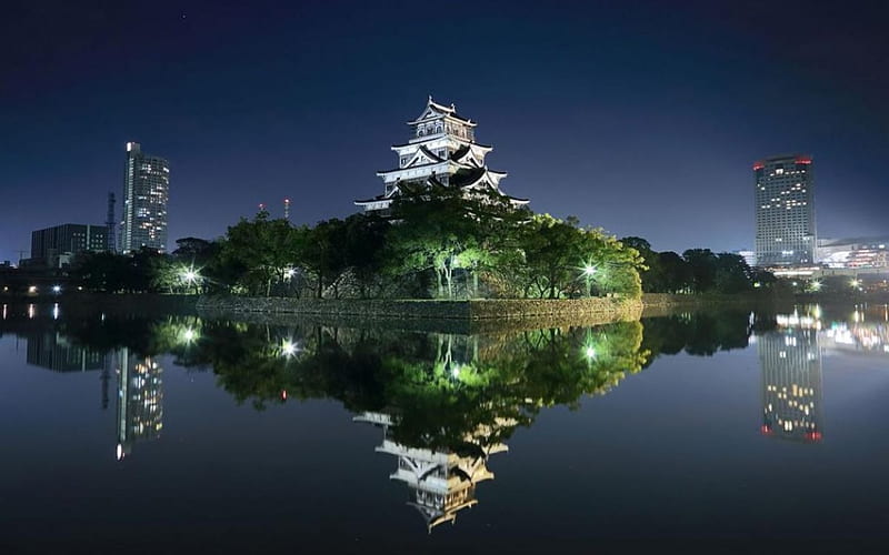 Hiroshima Castle, architecture, zen, religious, sea, graphy, city, Japanese, reflection, light, night, japan, town, abstract, labdscape, water, pagoda, castle, scene, HD wallpaper