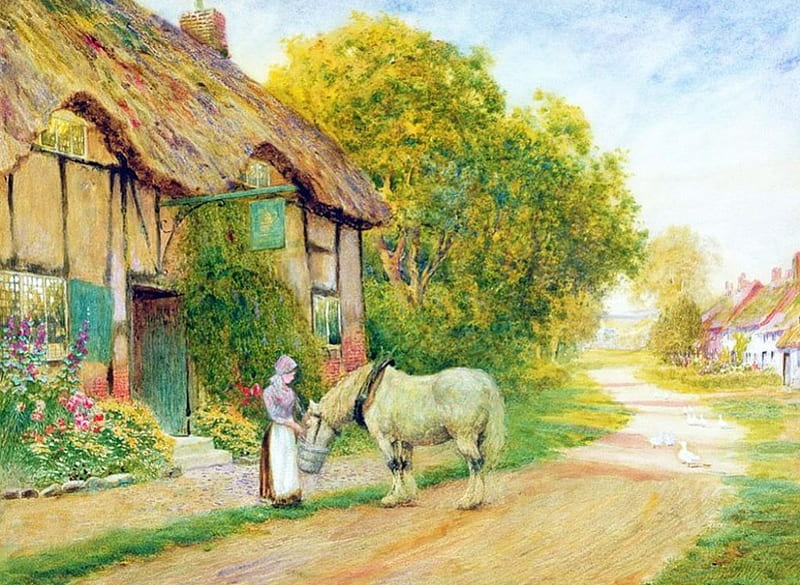 Rural Life, countryside, geese, house, painting, road, horse, woman, artwork, HD wallpaper