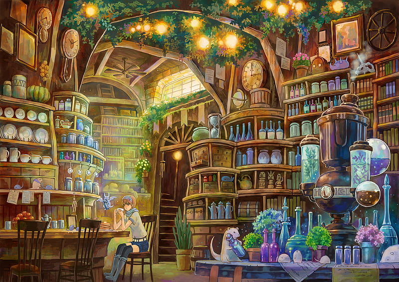 Anime architecture, pretty, colorful, cafe, potions, books, manga, colors,  woman, HD wallpaper | Peakpx