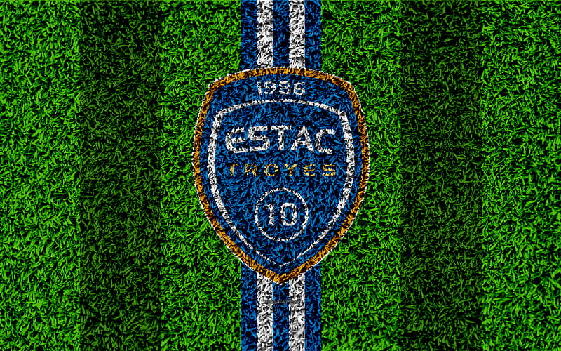 ES Troyes AC football lawn, logo, french football club, grass texture, emblem, blue white lines, Ligue 1, Troyes, France, football, Troyes FC, HD wallpaper