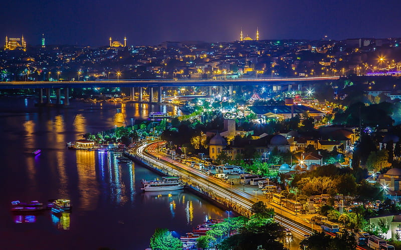 Istanbul, evening, night, Bosphorus, bay, mosque, Turkey, HD wallpaper