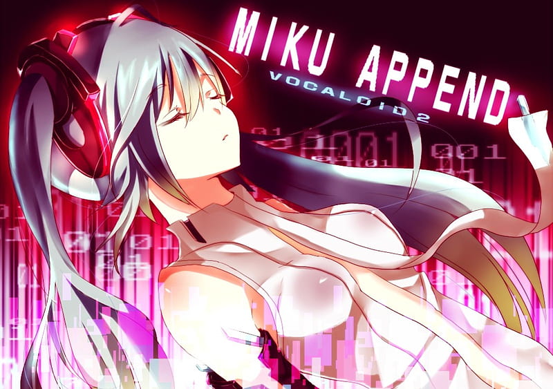 Miku Append, pretty, cg, nice, anime, aqua, beauty, anime girl, vocaloids, art, twintail, closed eyes, black, miku, singer, cute, headset, hatsune, cool, digital, awesome, white, idol, artistic, glow, hatsune miku, gray, headphones, tie, bonito, program, twin tail, cyber, pink, light, blue, vocaloid, outfit, glowing, music, diva, microphone, song, girl, uniform, virtual, append, HD wallpaper