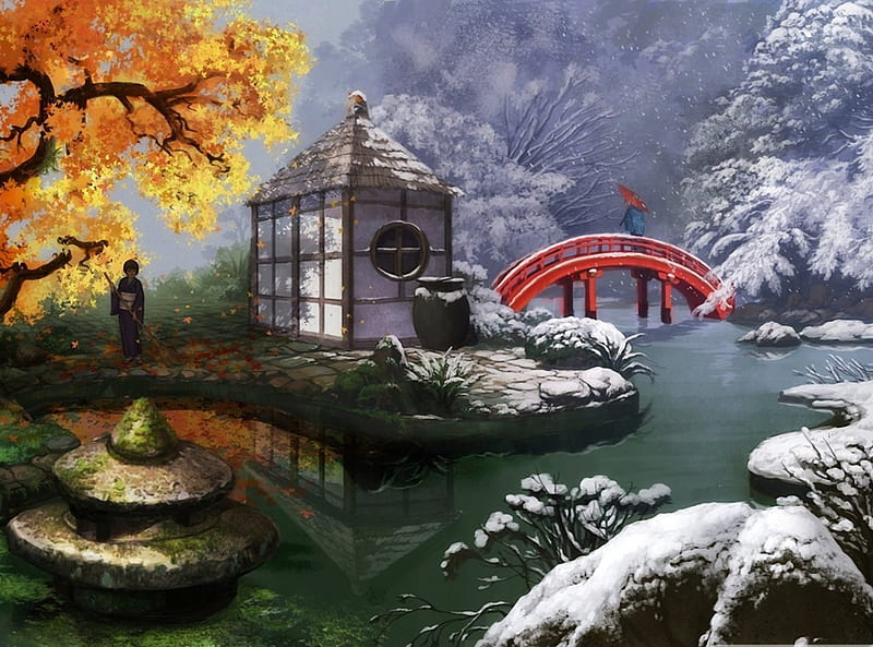 Japanese Garden Painting, autumn, japan, painting, garden, winter, HD wallpaper