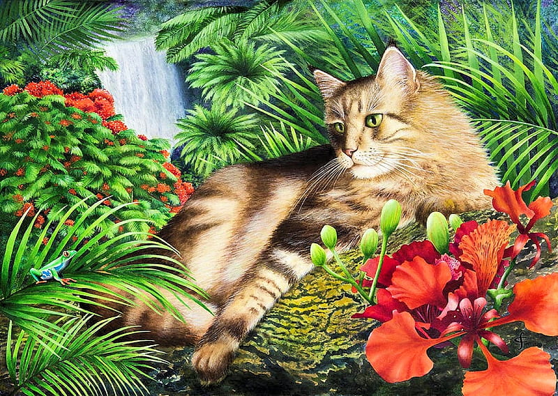 Mojo's Domain, plants, painting, flowers, blossoms, cat, artwork, HD wallpaper