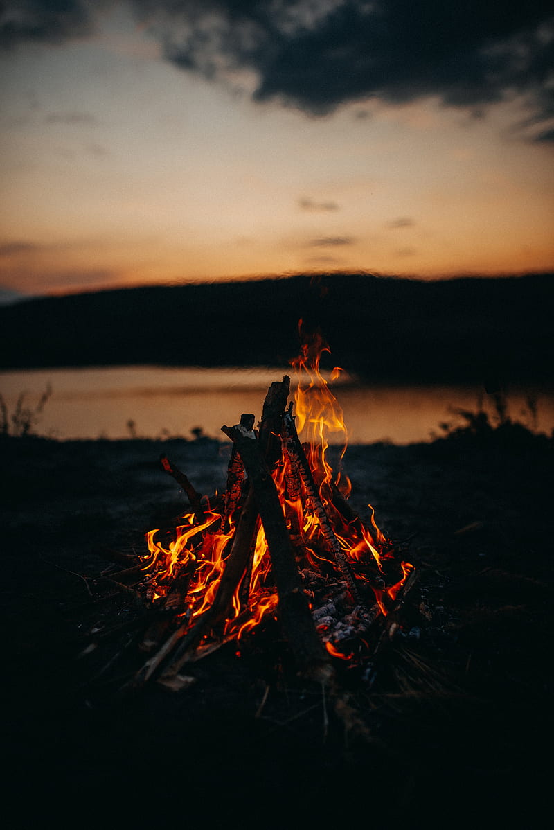 bonfire, fire, flame, dark, dusk, HD phone wallpaper
