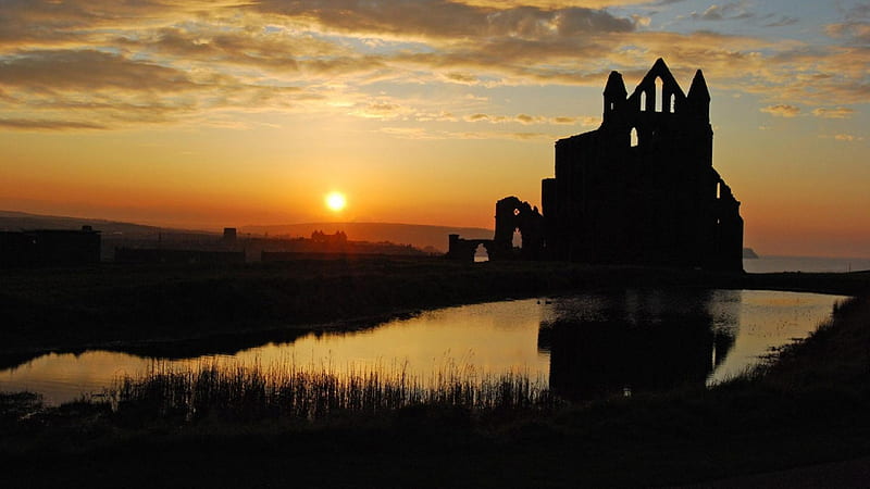 silhouette ruins of whitby abbey in england, ruins, sunset, silhouette, abbey, lake, HD wallpaper