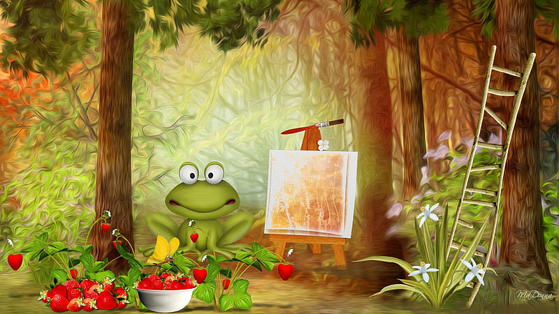 Frogs Love Strawberries Too, frog, bug, art, easel, plants, strawberries, firefox persona ladder, trees, HD wallpaper